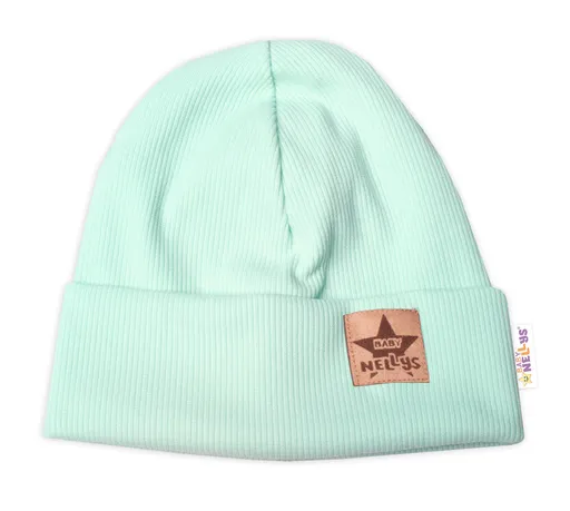 Baby Nellys Žebrovaná dvouvrstvá čepice s lemem - mátová