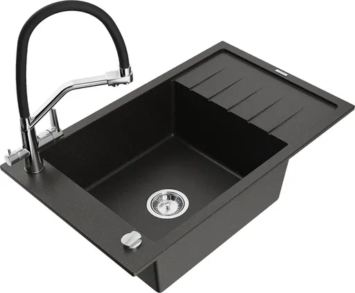 MEXEN/S Elias granitový dřez s odkapávačem včetně baterie Duo, černá/zlatá metalik 6511-75-671701-07