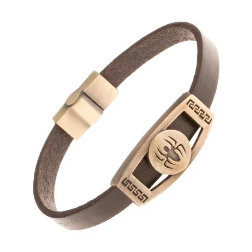 Hnědý kožený náramek, známka mosazné barvy - pavouk v kruhu, řecký klíč