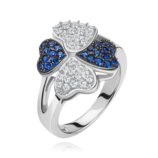 Prsten ze stříbra 925, čtyři srdíčka - drobné čiré a modré kamínky - Velikost: 54