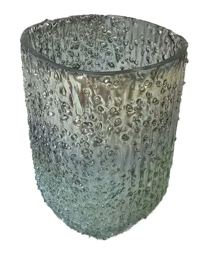 Šedo-zelený skleněný svícen Goulden s vroubkováním a bublinkami S - 8*8*9 cm Clayre & Eef