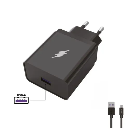 WG - Síťová nabíječka 1x USB-A 22, 5W, SuperCharge, 5V-9V-12V, + kabel USB-A na Type-C (5A), černá