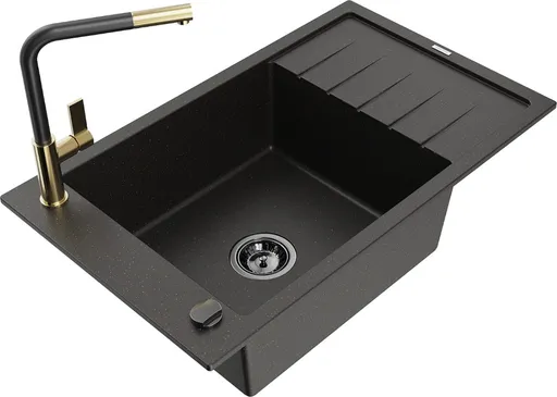 MEXEN/S Elias granitový dřez 1 s odkapávačem včetně baterie Flora, černá/zlatá metalik 6511-75-670401-57-B