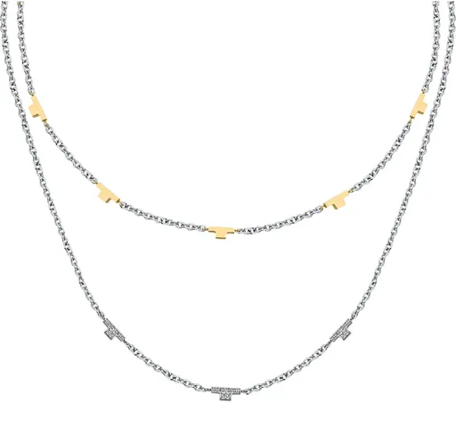 Trussardi Dvojitý ocelový bicolor náhrdelník se zirkony T-Logo TJAXC62
