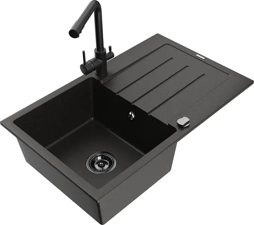 MEXEN/S Bruno granitový dřez s odkapávačem včetně baterie Duero, černá/zlatá metalik 6513-75-671600-70-B