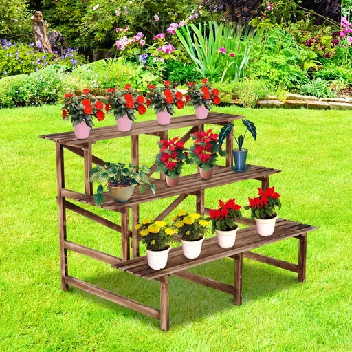 Outsunny Dřevěný stojan na květiny - 3 schody, 120 x 80 x 80 cm