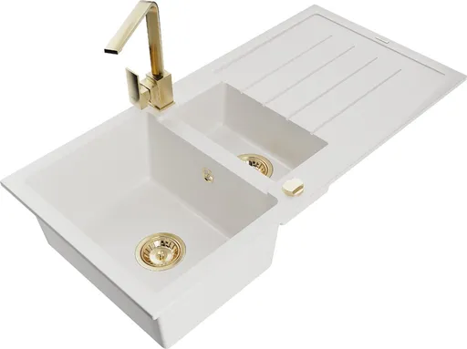 MEXEN/S Andres granitový dřez s odkapávačem včetně baterie Rita, bílá 6515-20-670300-50