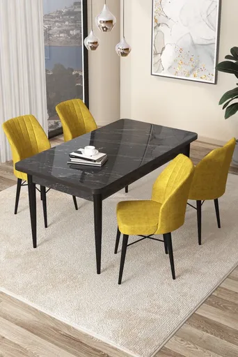 Dining Table & Chairs Set (5 Pieces) Arp - Black Marble, Mustard