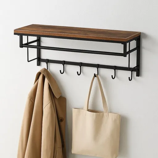 Nástěnný věšák s policí, tyčí a háčky 66,5x30x32,5 cm