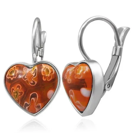 Náušnice z chirurgické oceli - červená vypouklá srdíčka se vzory květů
