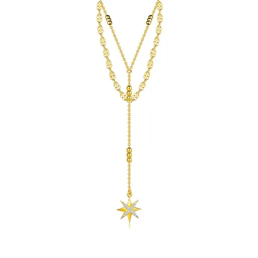 Dvojitý stříbrný náhrdelník 925 - zlatá barva, hvězda ze zirkonů, zploštělé ovály, nastavitelný