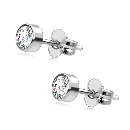 Náušnice z bílého 14K zlata - kulatý blýskavý zirkon v objímce, 4 mm