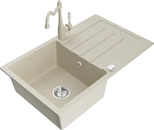 MEXEN/S Bruno granitový dřez 1-miska s odkapávačem včetně baterie Carla, béžová 6513-69-670700-69