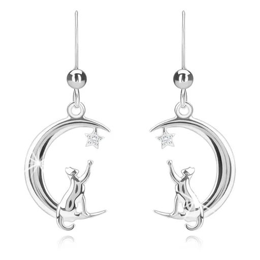 Stříbrné 925 náušnice, visací - půlměsíc, hvězda se zirkony, kočka s ocasem, afro háček