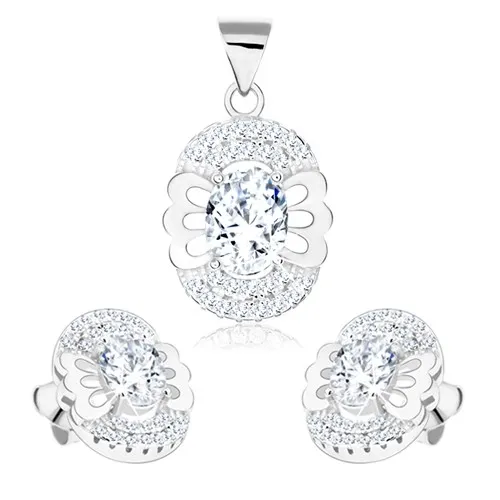 Set, stříbro 925, přívěsek a náušnice, čirý oválný zirkon, motýl, dvojitá obruba
