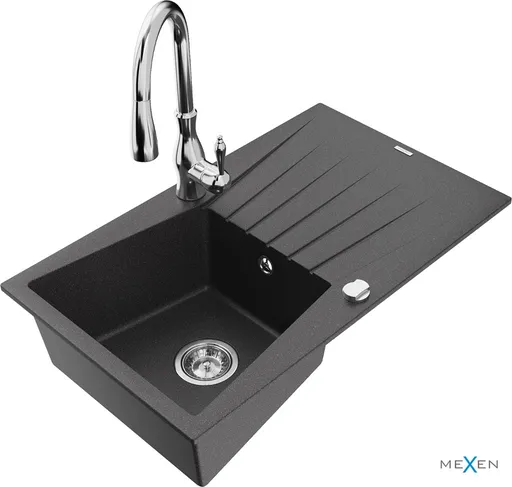 MEXEN/S Cesar granitový dřez 1 s odkapávačem včetně baterie Savita, černá kropenatá 6514-76-672601-00