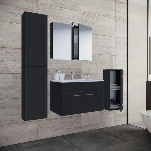 VCM 5dílná stojící umyvadlová skříňka Badinos 1 zásuvka 80 cm se zrcadlem, střední a vysokou skříňkou, černá