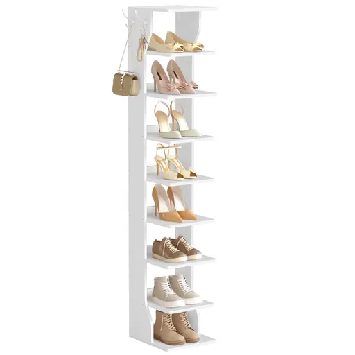 Bílý úzký botník s háčky, 9 polic, 26,5 x 30 x 147 cm