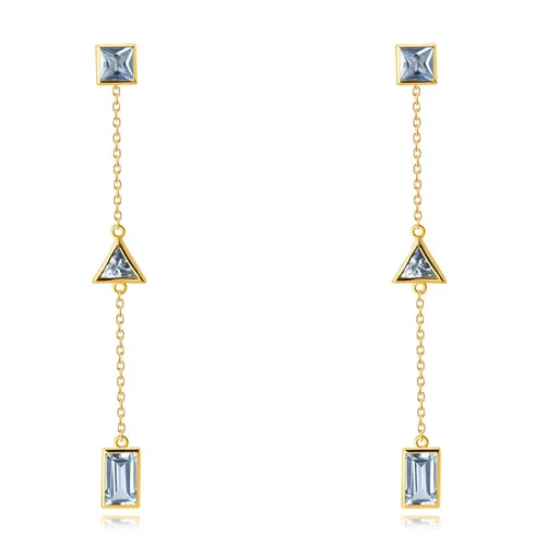 Náušnice ze 14K žlutého zlata - krátký řetízek s geometrickými tvary, syntetický akvamarín