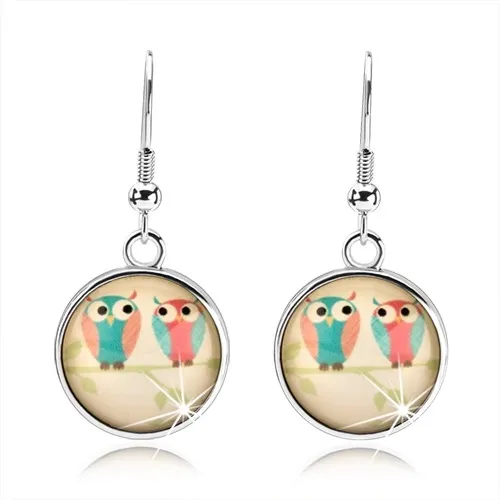 Kabošon náušnice, kruh, obrázek - dvě sovičky na větvi pod vypouklým sklem