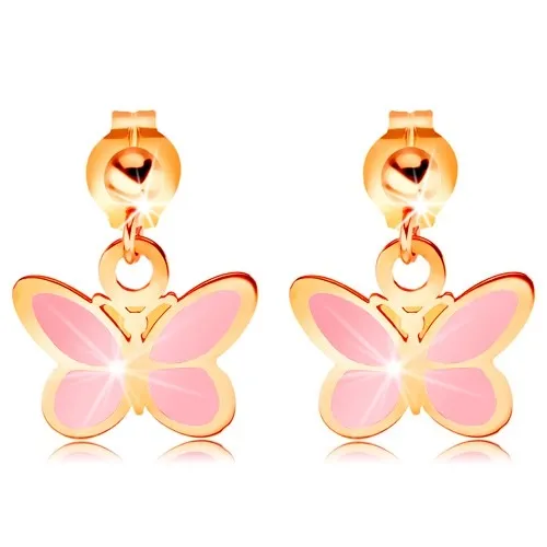 Zlaté náušnice 585 - lesklá kulička a visící růžový motýlek, glazura