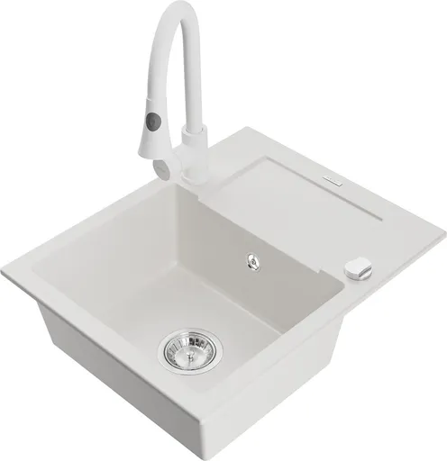 MEXEN/S Enzo granitový dřez 1 s odkapávačem včetně baterie Elia, bílá 6506-20-670101-20