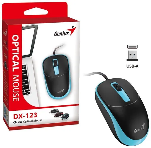 Genius DX-123 Myš, drátová, optická, 1200DPI, 3 tlačítka, USB, černo-modrá