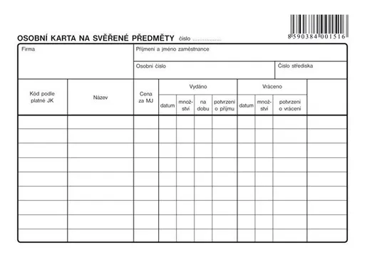 Tiskopis Osobní karta na svěřené předměty A5 na šířku OPTYS