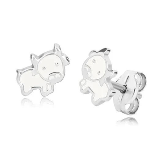 Náušnice ze stříbra 925 - kravička, lesklá kontura s bílou glazurou, puzetky