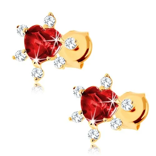 Zlaté náušnice 14K srdce s granátem a čírymi zirkóny