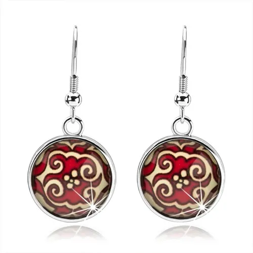 Kruhové náušnice, kabošon, vypouklá glazura, červeno-žluté ornamenty, květ