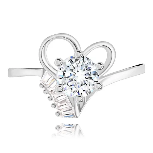 Prsten ze stříbra 925, vystupující čirý zirkon v obrysu srdíčka, malé lichoběžníky - Velikost: 50