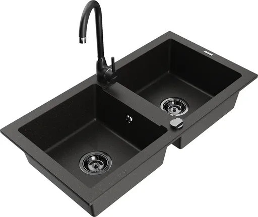 MEXEN/S Mario granitový dřez 2-bowl včetně baterie Telma, černá/zlatá 6504-75-670200-70-B