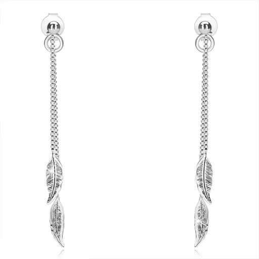 Stříbrné náušnice 925, dva lístečky visící na tenkých řetízcích