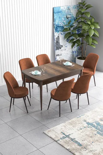Extendable Dining Table & Chairs Set (7 Pieces) Han - Baroque, Tile Red