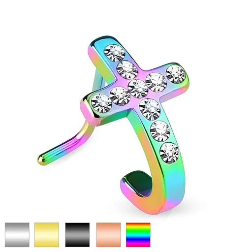 Zahnutý ocelový piercing do nosu, kříž se vsazenými čirými zirkonky - Barva piercing: Černá