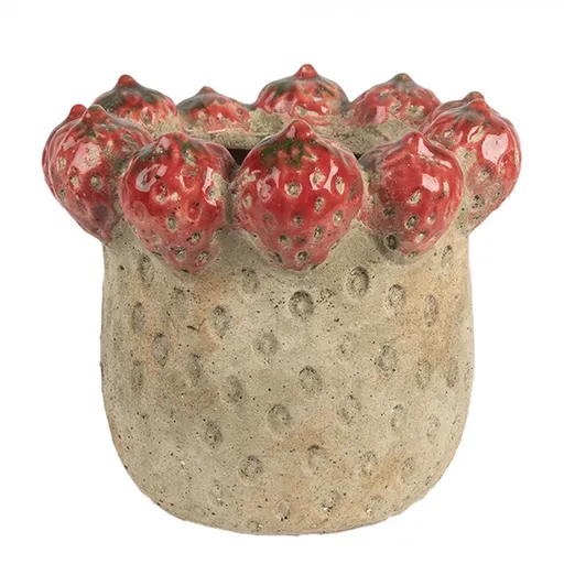 Béžový antik terakotový obal na květináč s jahůdkami L - Ø 19*16 cm Clayre & Eef