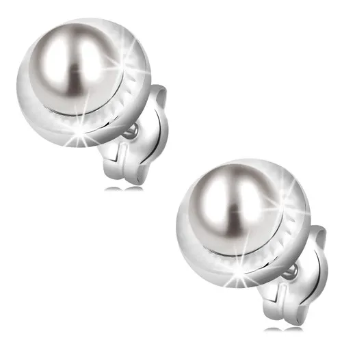 Zlaté náušnice 585 - kruh zdobený zářezy a bílou perlou, puzetky