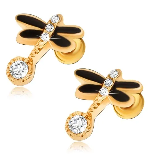 Puzetové náušnice zlaté barvy, černá vážka, čiré kamínky