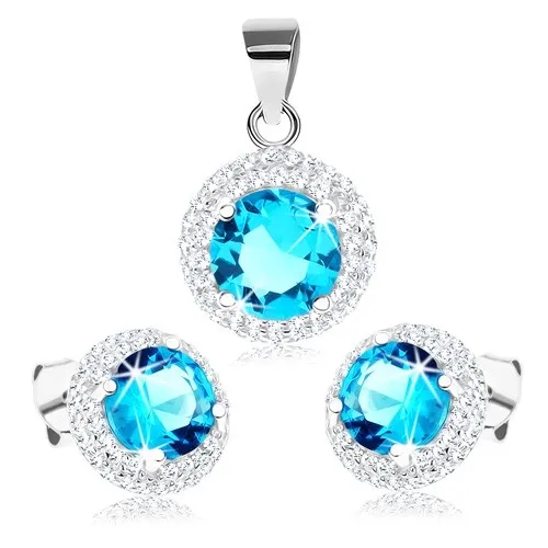 Stříbrná 925 sada - náušnice a přívěsek, zirkon akvamarínové barvy, čirý lem