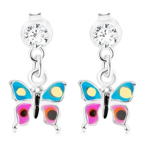 Náušnice ze stříbra 925, visící motýlek s modro-fialovými křídly, krystal