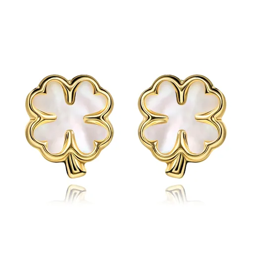 Zlaté náušnice 14K čtyřlístek s přírodní perlou