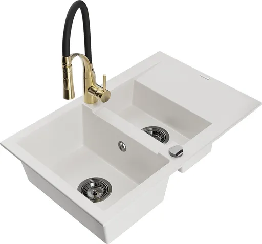 MEXEN/S Gaspar granitový dřez 1.5 s odkapávačem včetně baterie Aster, bílá 6507-20-73450-57-B