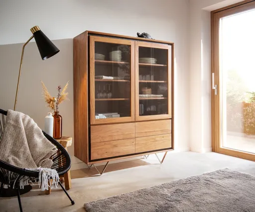 Vitrína Stonegrace 115x150 přírodní akácie 2 dvířka 4 zásuvky