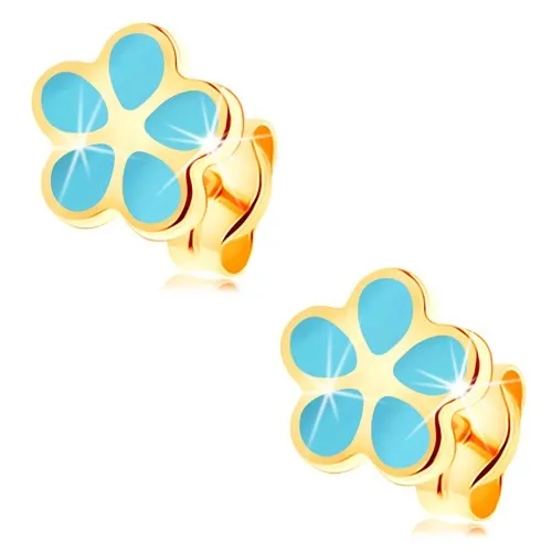 Náušnice ve žlutém 14K zlatě - kvítek pokrytý světle modrou glazurou, puzetky