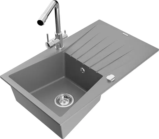 MEXEN/S Cesar granitový dřez s odkapávačem včetně baterie Duero, šedá 6514-71-671600-00