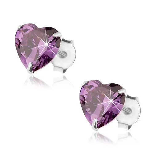 Puzetové náušnice, stříbro 925, srdcovitý zirkonek fialové barvy