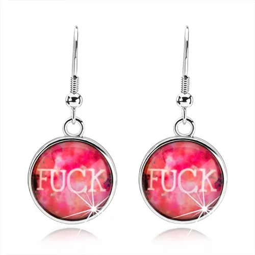 Kruhové náušnice, vypouklé čiré sklo, růžovo-oranžové pozadí, anglický nápis