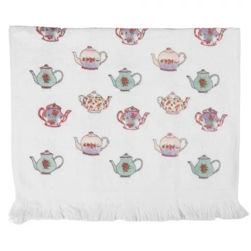 Bílý kuchyňský froté ručník s barevnými konvičkami - 40*66 cm Clayre & Eef