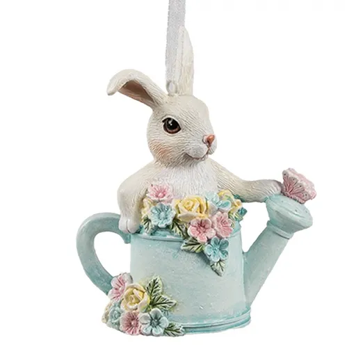 Závěsná dekorace králíček v modré konvičce s květy - 8*4*10 cm Clayre & Eef